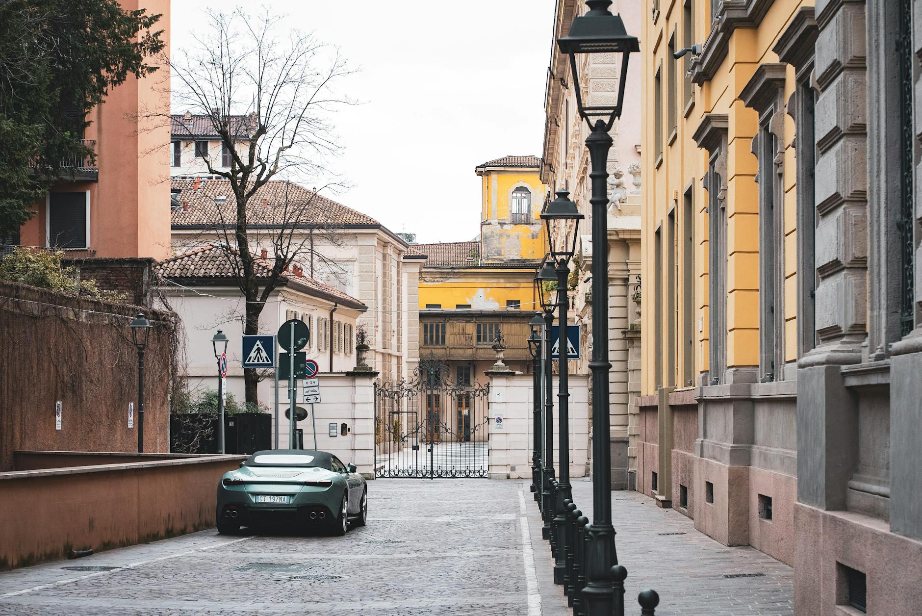 Brera artistic district cobblestone street in Milan