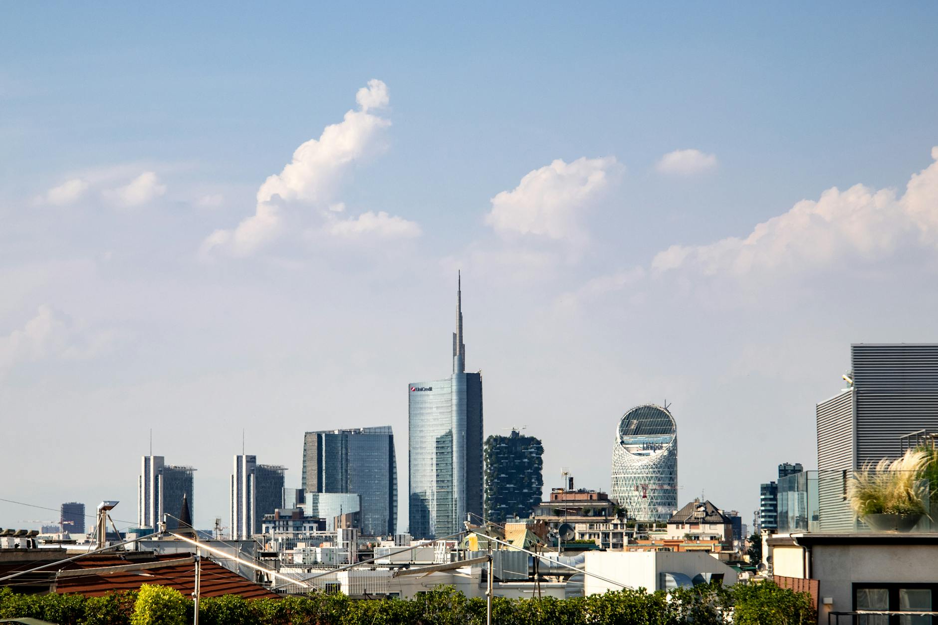 Modern Milan skyline with Porta Nuova skyscrapers and Bosco Verticale