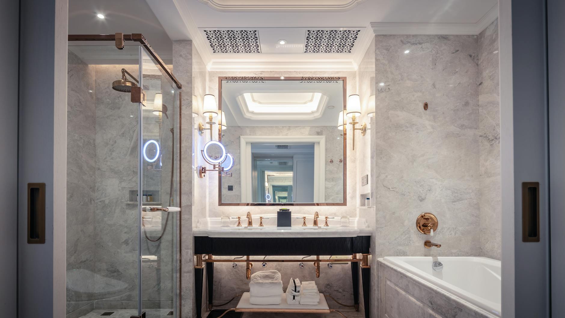 Luxury hotel bathroom with marble and elegant fixtures