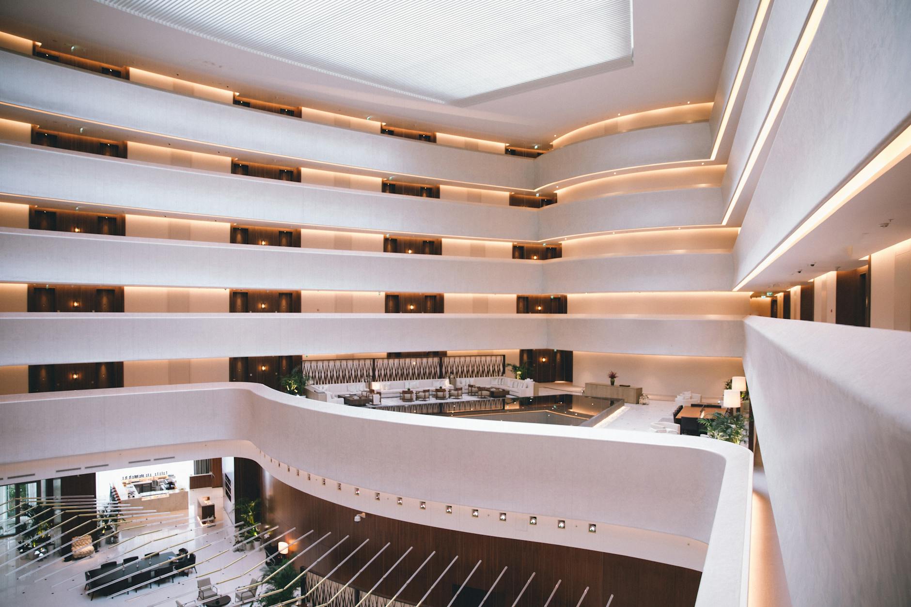 Stylish modern hotel lobby with designer lighting