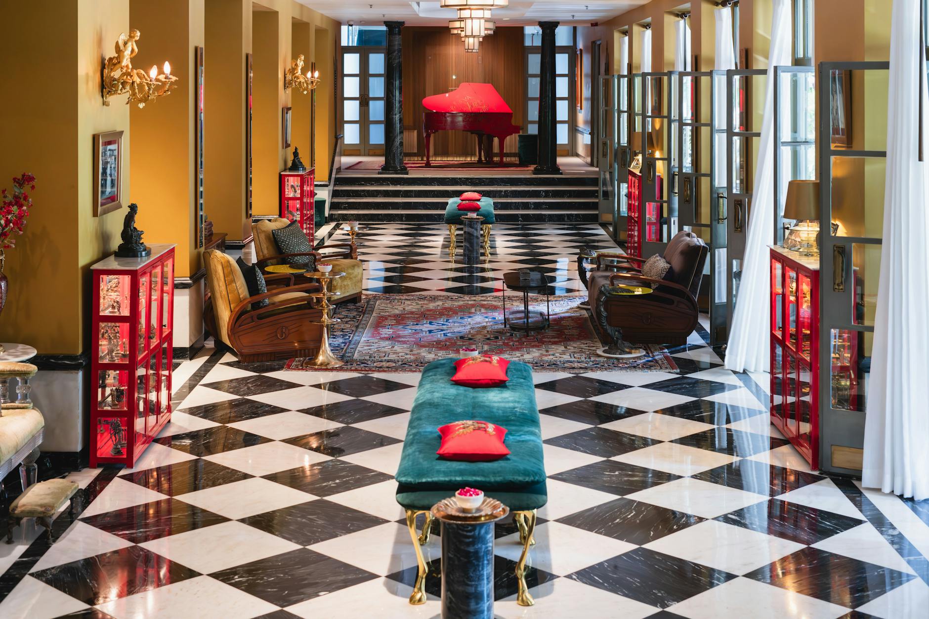 Elegant Italian hotel lobby with classic decor near Milan Duomo