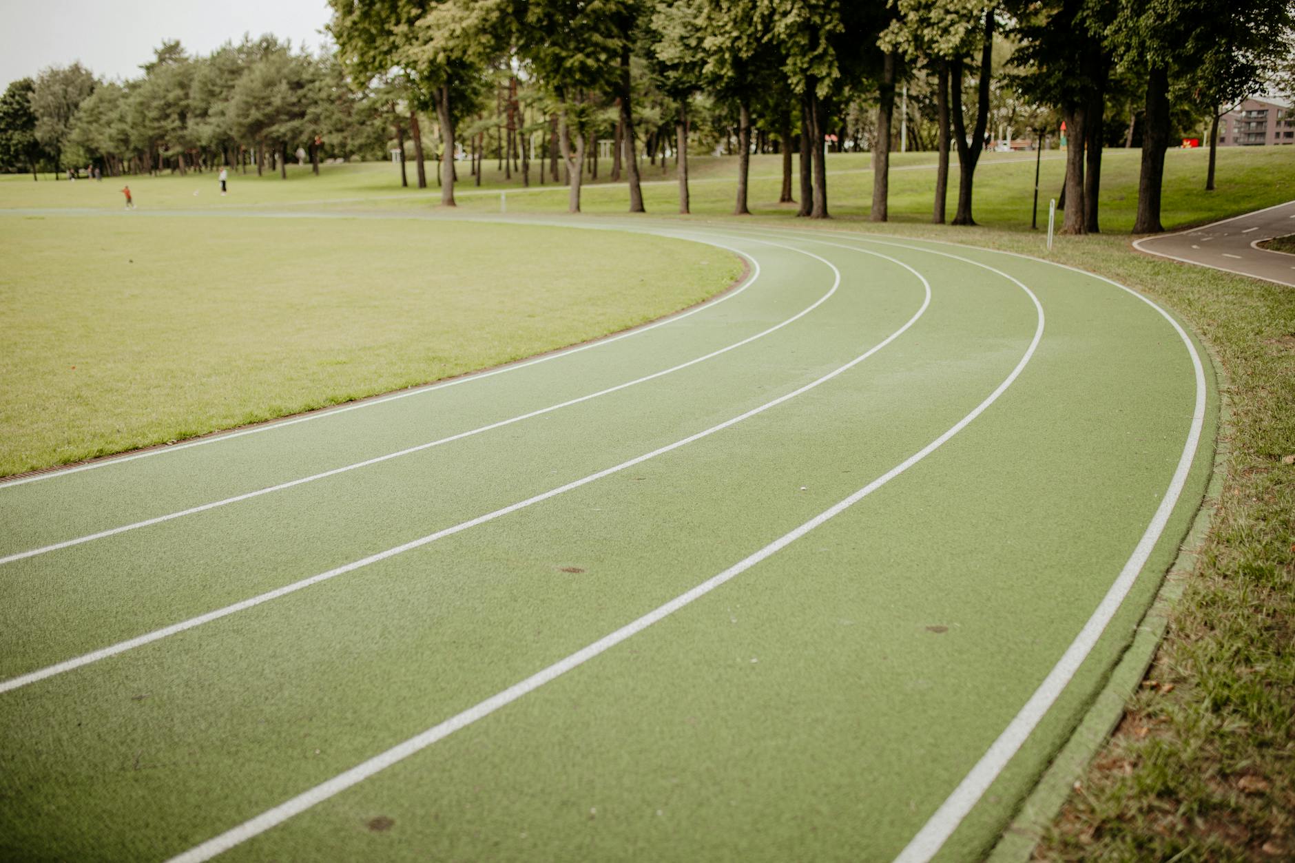Curved green running track in a lush park setting