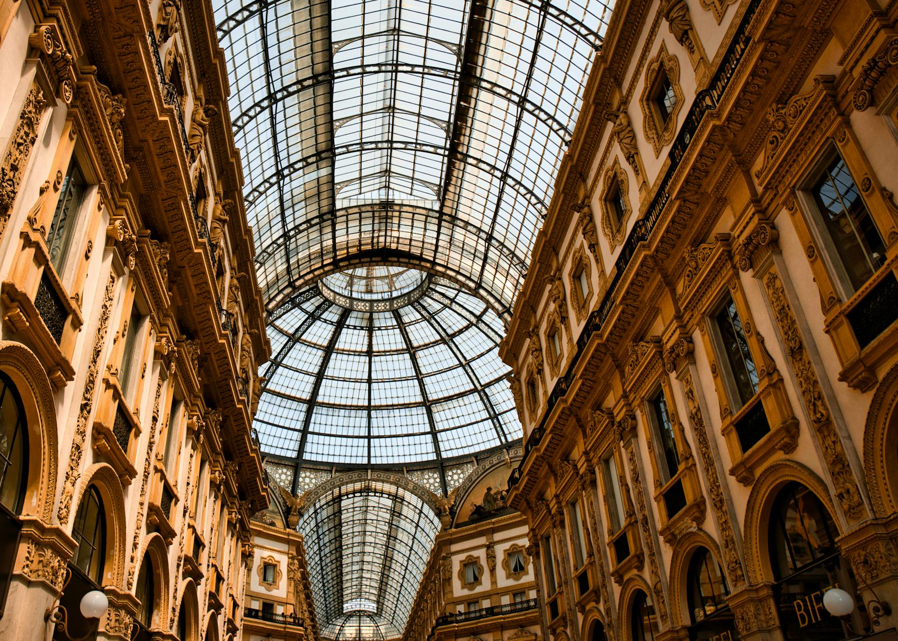 Stunning view of the Galleria Vittorio Emanuele II glass dome in Milan